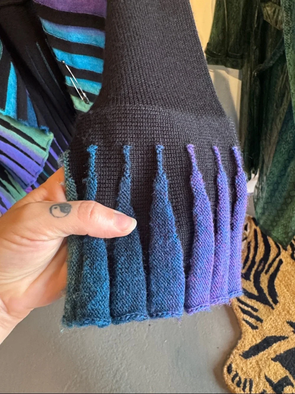 Y2K Open-Front Striped Sweater Cardigan in Blue/Green/Purple - Picture 6 of 7